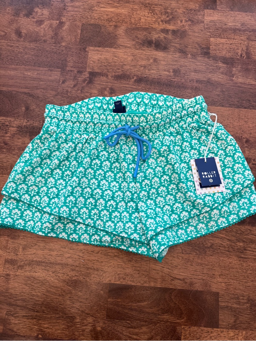 Roller Rabbit Teal & White Floral Athletic Lounge Shorts with Blue Drawstring